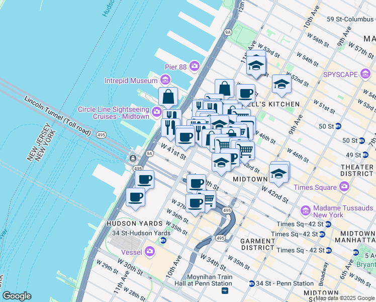 map of restaurants, bars, coffee shops, grocery stores, and more near 606 West 42nd Street in New York