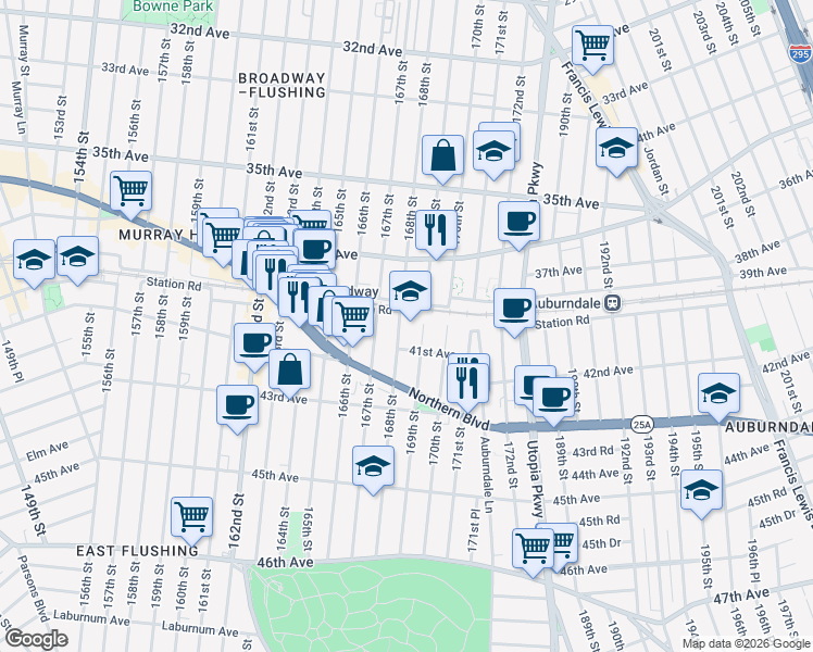 map of restaurants, bars, coffee shops, grocery stores, and more near 40-11 168th Street in Queens