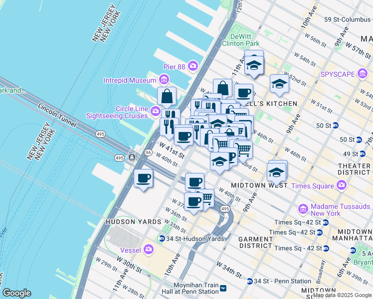 map of restaurants, bars, coffee shops, grocery stores, and more near 606 West 42nd Street in New York