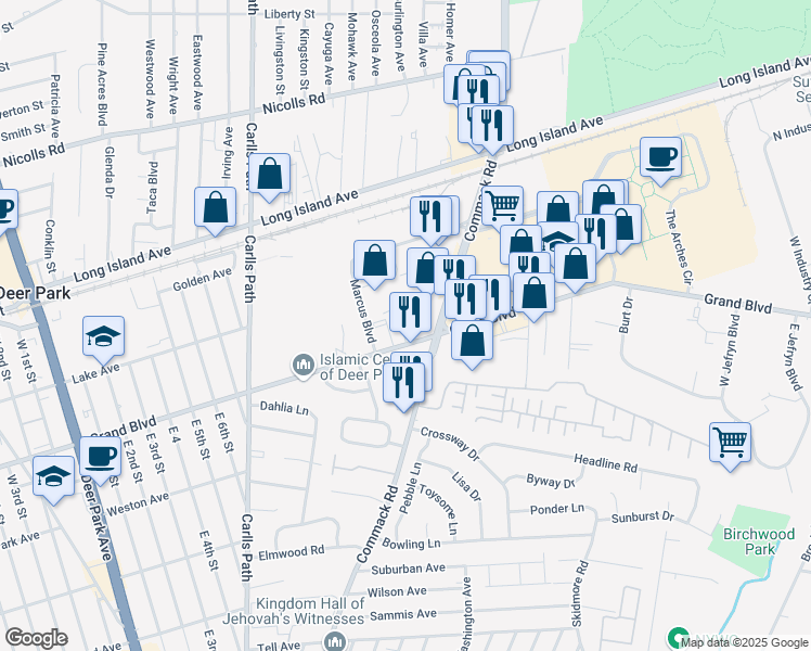 map of restaurants, bars, coffee shops, grocery stores, and more near 715 Grand Boulevard in Deer Park