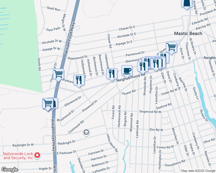map of restaurants, bars, coffee shops, grocery stores, and more near 100 Brushwood Drive in Shirley
