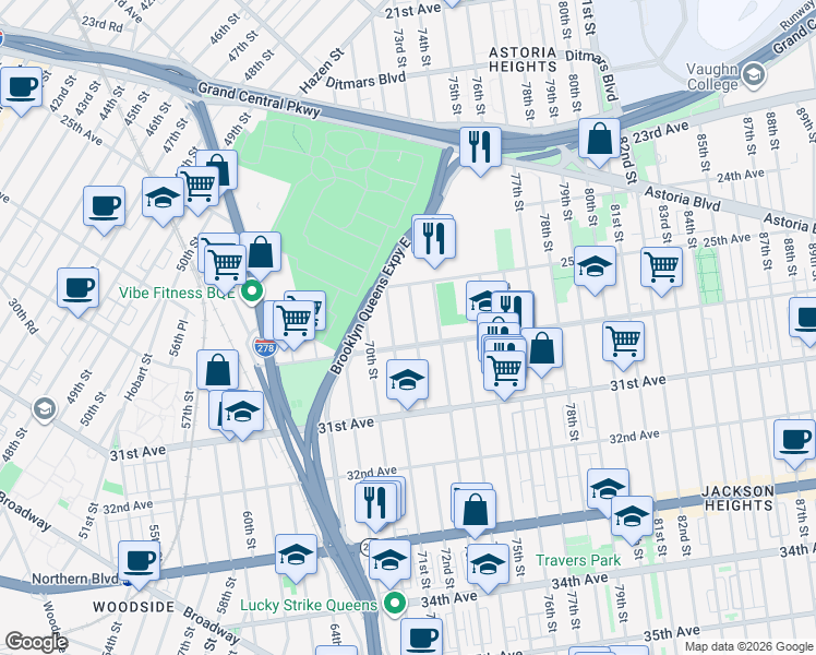 map of restaurants, bars, coffee shops, grocery stores, and more near 25-34 72nd Street in Queens