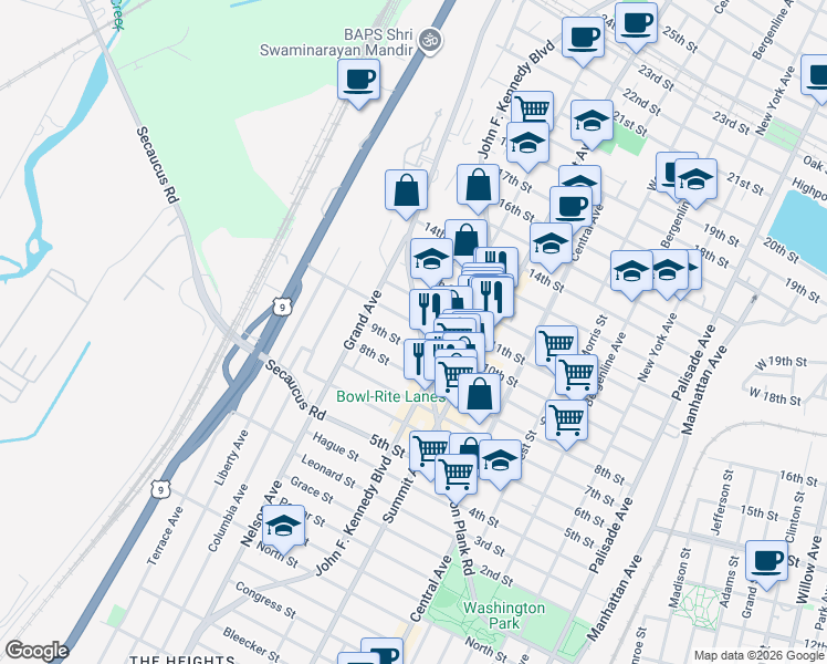 map of restaurants, bars, coffee shops, grocery stores, and more near 1200 10th Street in North Bergen