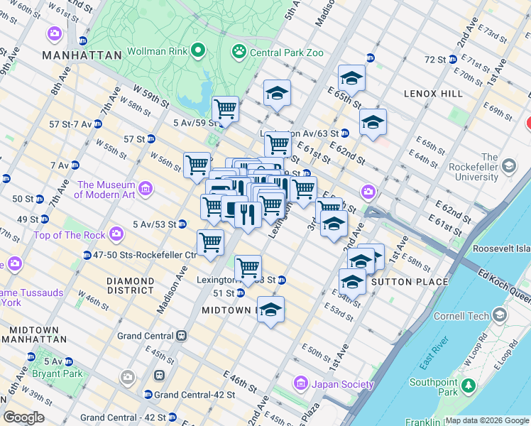 map of restaurants, bars, coffee shops, grocery stores, and more near in New York