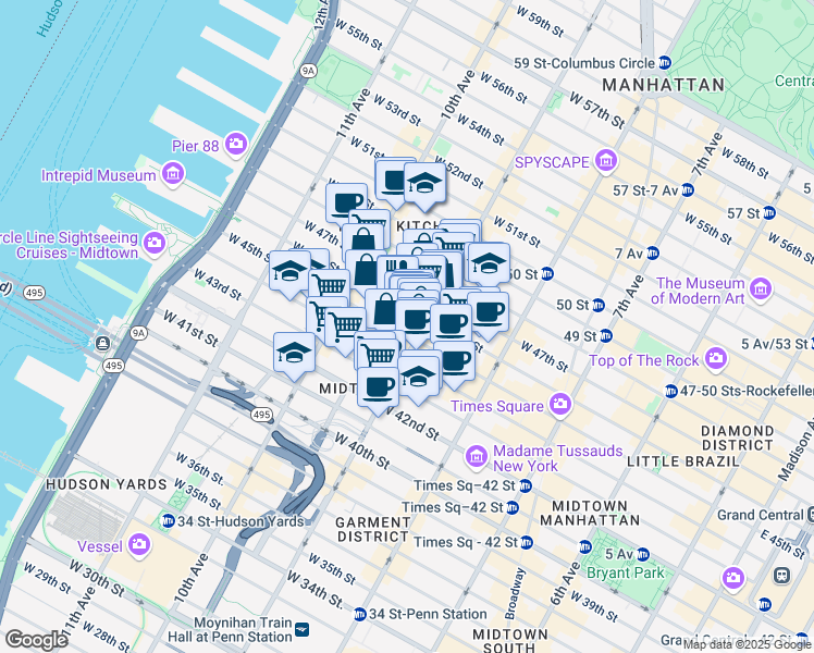 map of restaurants, bars, coffee shops, grocery stores, and more near 405 West 45th Street in New York