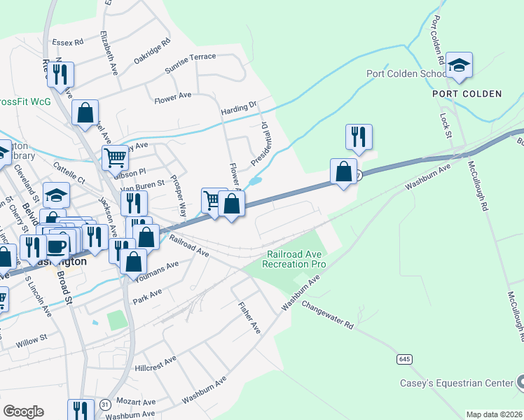 map of restaurants, bars, coffee shops, grocery stores, and more near 9 Washington Square Circle in Washington