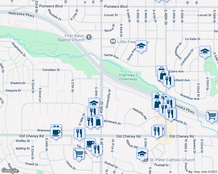 map of restaurants, bars, coffee shops, grocery stores, and more near 5320 Stonecliffe Drive in Lincoln