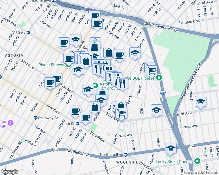 map of restaurants, bars, coffee shops, grocery stores, and more near in Queens