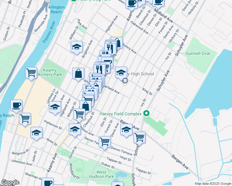 map of restaurants, bars, coffee shops, grocery stores, and more near 44 Garfield Avenue in Kearny