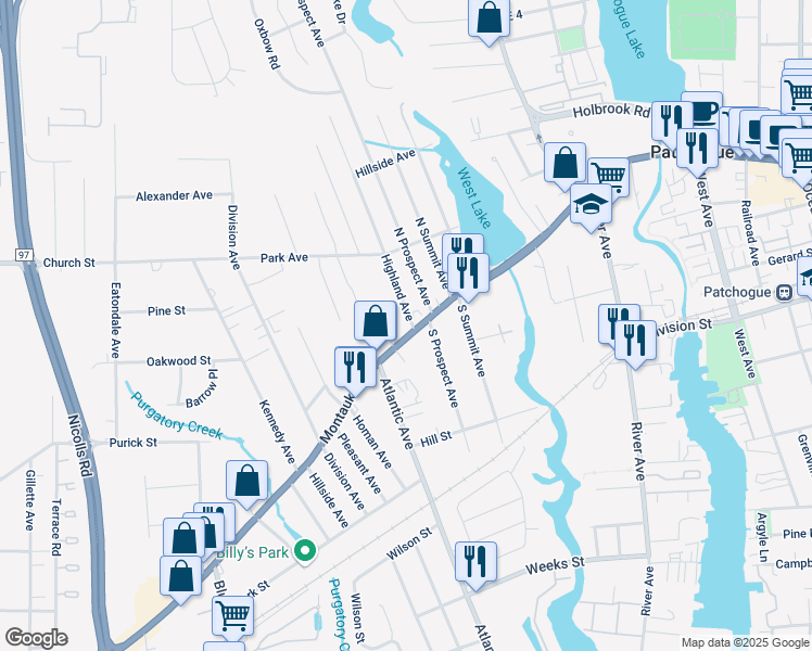 map of restaurants, bars, coffee shops, grocery stores, and more near 471 West Main Street in Patchogue