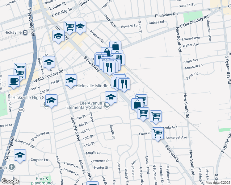 map of restaurants, bars, coffee shops, grocery stores, and more near 350 South Broadway in Hicksville