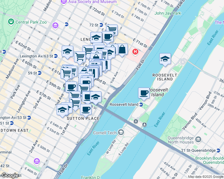 map of restaurants, bars, coffee shops, grocery stores, and more near 504 East 63rd Street in New York