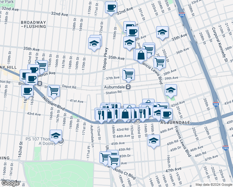 map of restaurants, bars, coffee shops, grocery stores, and more near 40-03 190th Street in Queens