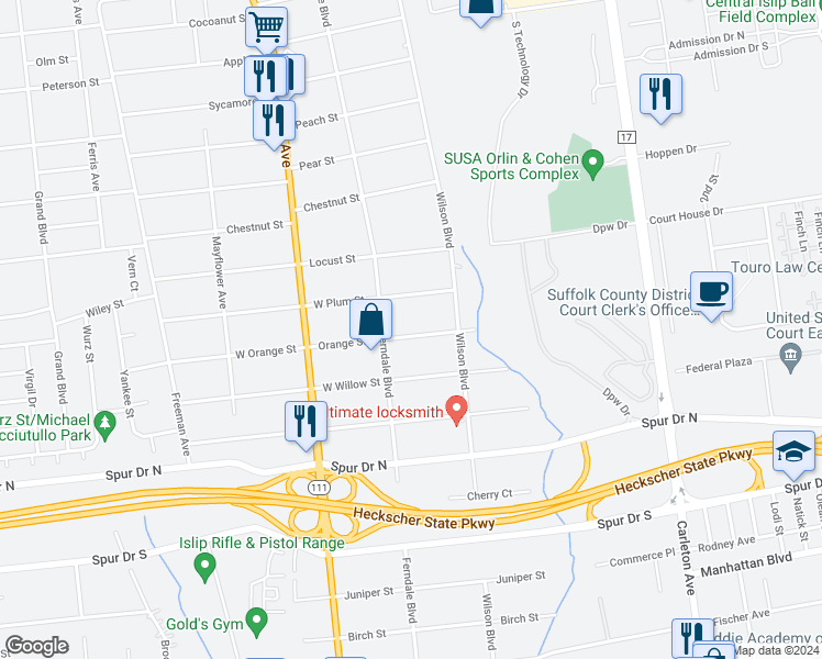 map of restaurants, bars, coffee shops, grocery stores, and more near 87 Orange Street in Central Islip