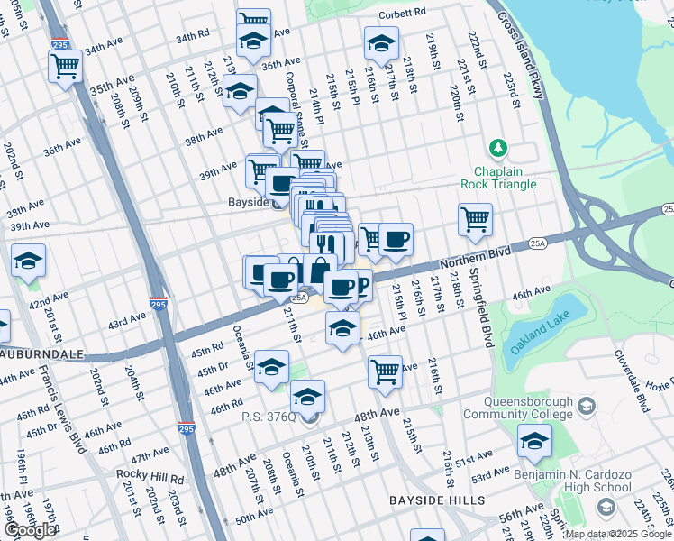map of restaurants, bars, coffee shops, grocery stores, and more near 43-23 Bell Boulevard in Queens