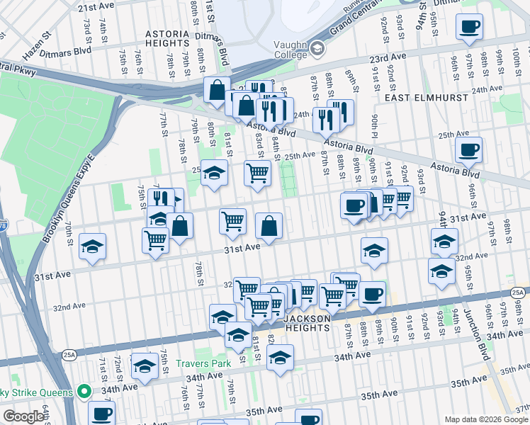map of restaurants, bars, coffee shops, grocery stores, and more near 30-08 83rd Street in Queens