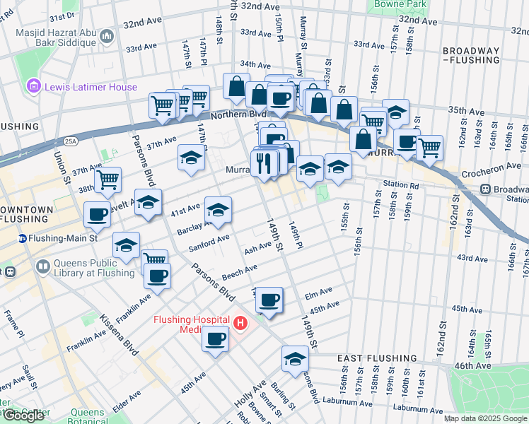 map of restaurants, bars, coffee shops, grocery stores, and more near 41-39 149th Street in Queens