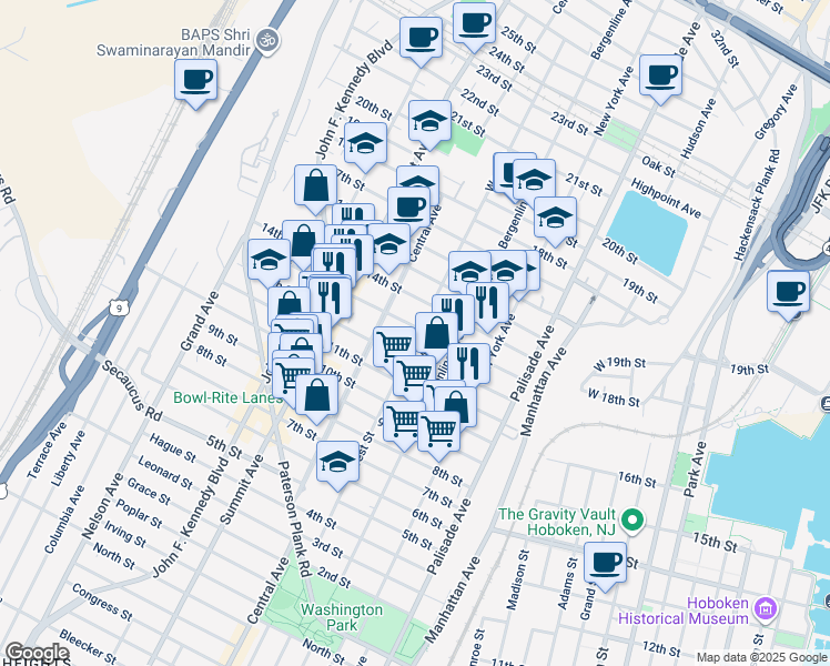map of restaurants, bars, coffee shops, grocery stores, and more near 613 13th Street in Union City