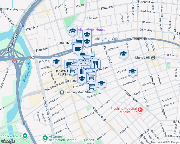 map of restaurants, bars, coffee shops, grocery stores, and more near 142-05 Roosevelt Avenue in Queens