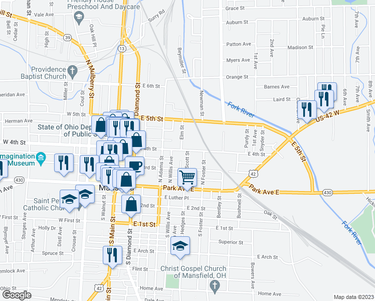 map of restaurants, bars, coffee shops, grocery stores, and more near 184 East 4th Street in Mansfield