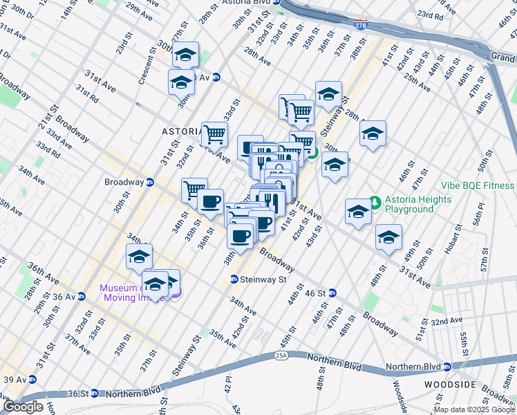 map of restaurants, bars, coffee shops, grocery stores, and more near 31-28 38th Street in Queens