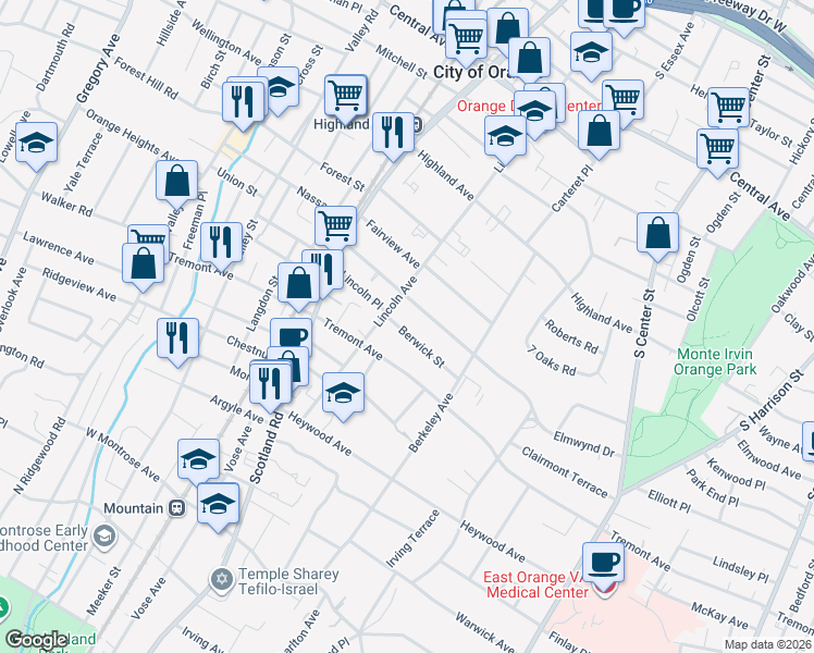 map of restaurants, bars, coffee shops, grocery stores, and more near 425 Berwick Street in City of Orange