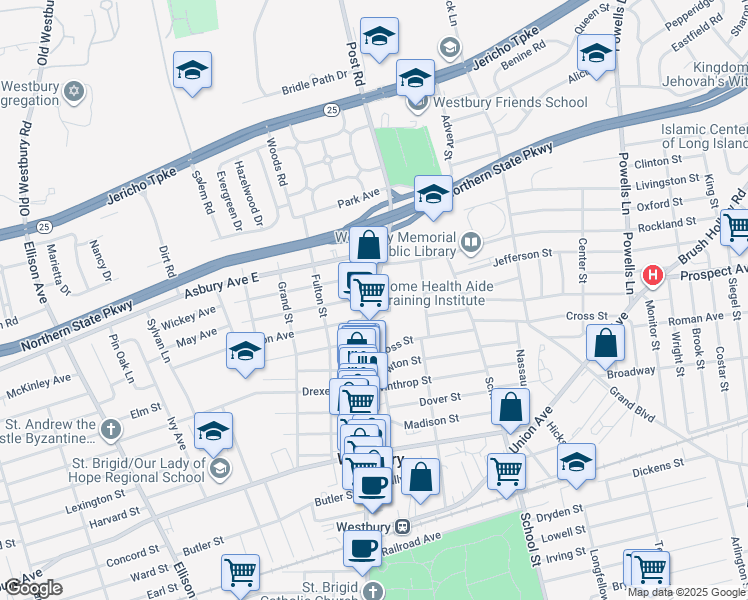 map of restaurants, bars, coffee shops, grocery stores, and more near 342 Post Avenue in Westbury