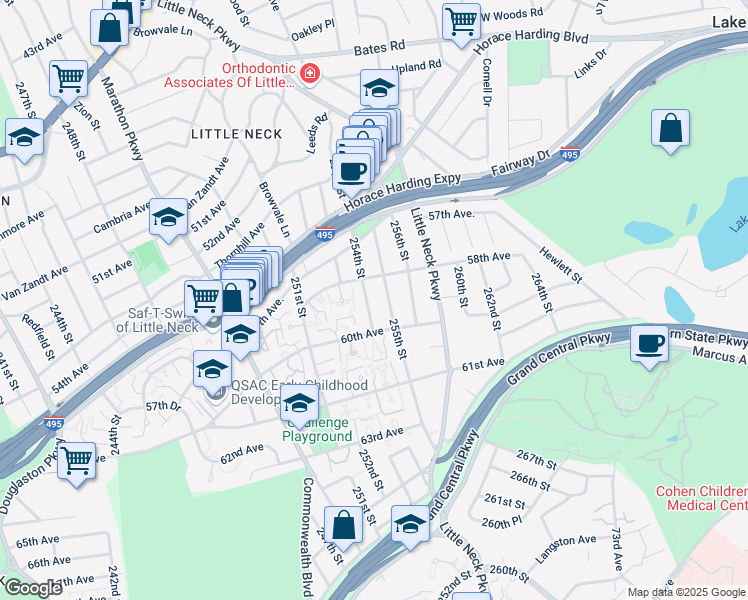 map of restaurants, bars, coffee shops, grocery stores, and more near 58-21 255th Street in Queens