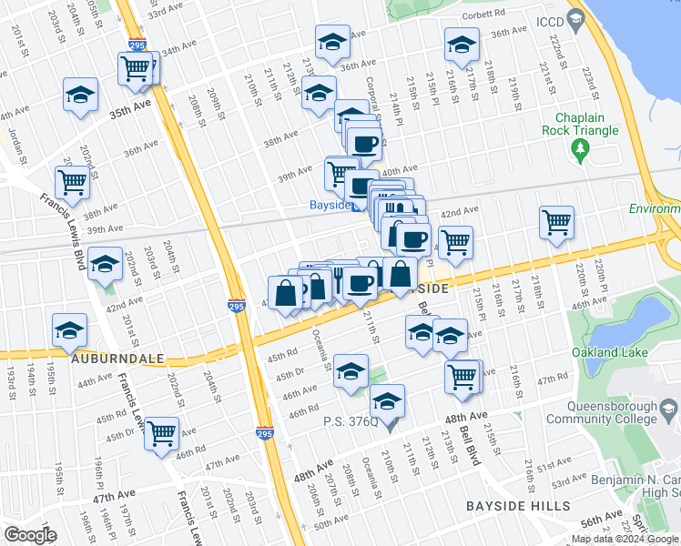 map of restaurants, bars, coffee shops, grocery stores, and more near 210-1 43rd Avenue in Queens