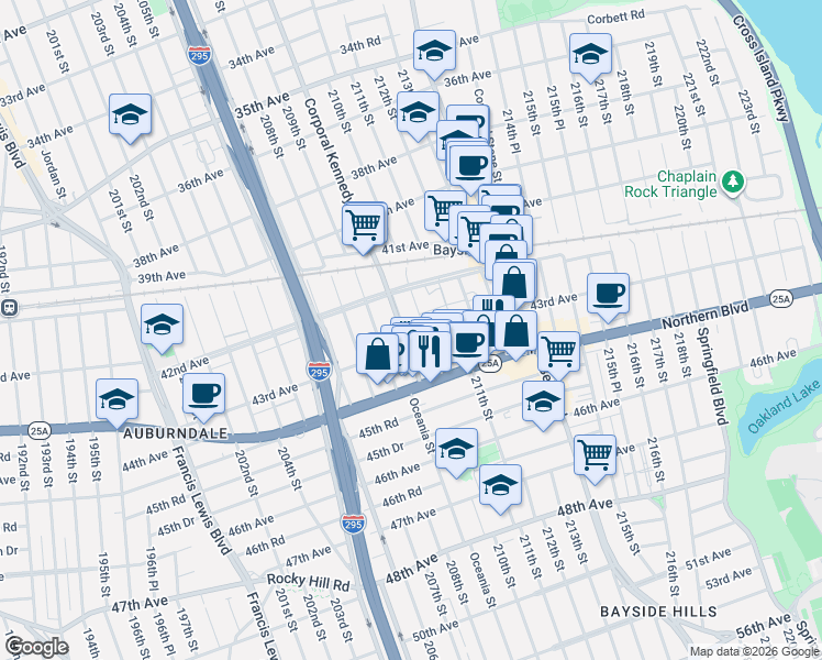 map of restaurants, bars, coffee shops, grocery stores, and more near 42-41 Corporal Kennedy Street in Queens
