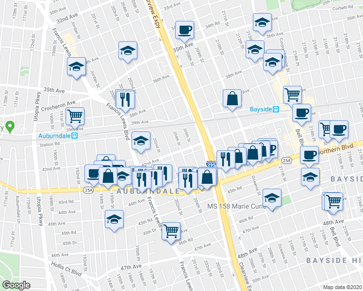 map of restaurants, bars, coffee shops, grocery stores, and more near 40-37 204th Street in Queens