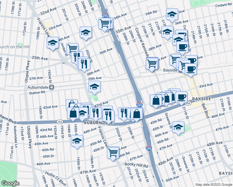map of restaurants, bars, coffee shops, grocery stores, and more near 40-37 204th Street in Queens