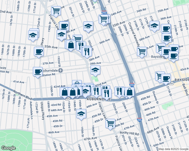 map of restaurants, bars, coffee shops, grocery stores, and more near 40-19 201st Street in Queens