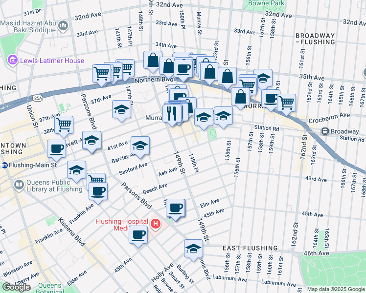map of restaurants, bars, coffee shops, grocery stores, and more near 41-39 149th Street in Queens