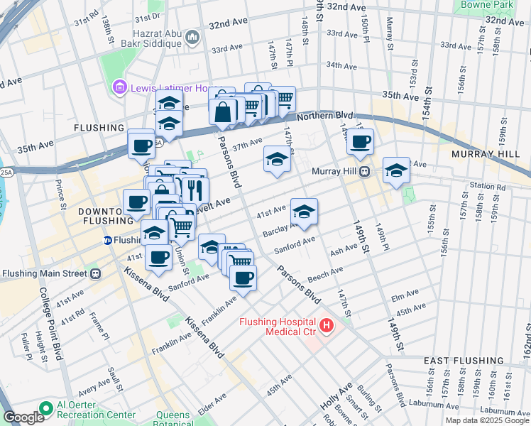 map of restaurants, bars, coffee shops, grocery stores, and more near in Queens