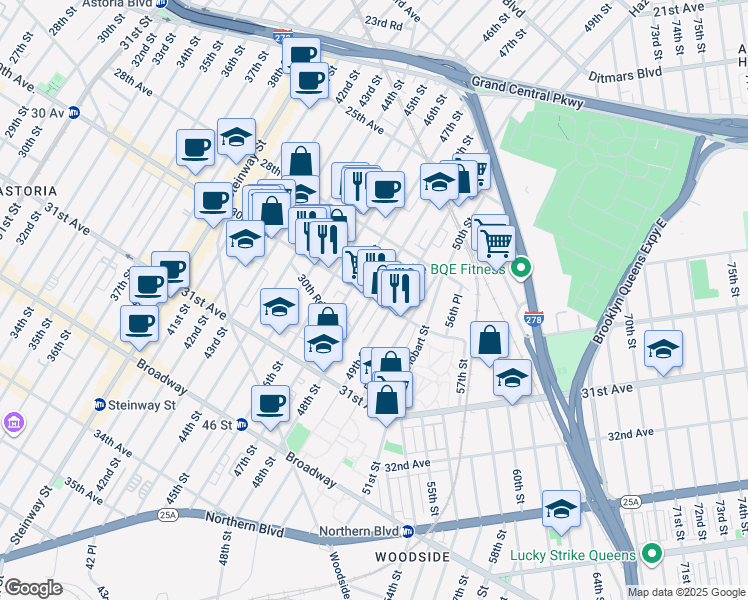 map of restaurants, bars, coffee shops, grocery stores, and more near 48-11 30th Avenue in Queens