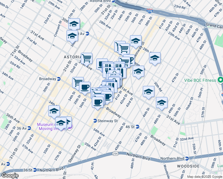map of restaurants, bars, coffee shops, grocery stores, and more near 31-28 38th Street in Queens