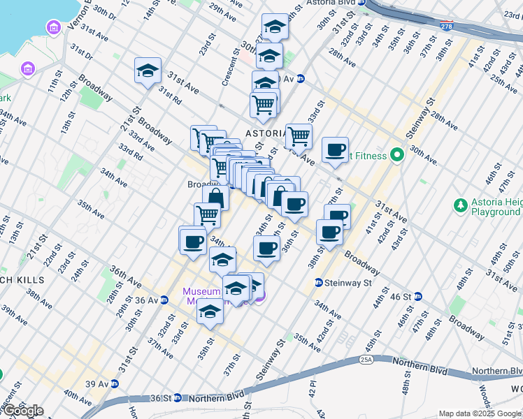 map of restaurants, bars, coffee shops, grocery stores, and more near 32-14 33rd Street in Queens