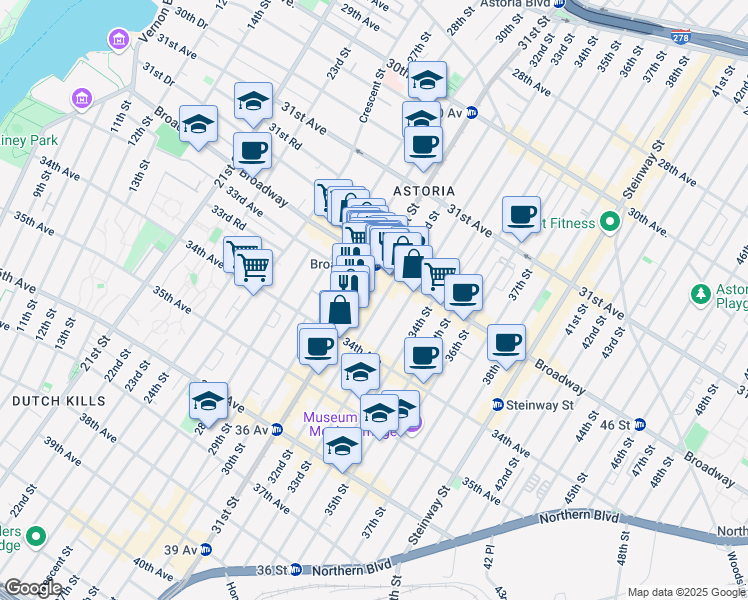 map of restaurants, bars, coffee shops, grocery stores, and more near 32-33 31st Street in Queens