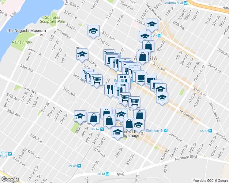map of restaurants, bars, coffee shops, grocery stores, and more near 32-58 30th Street in Queens