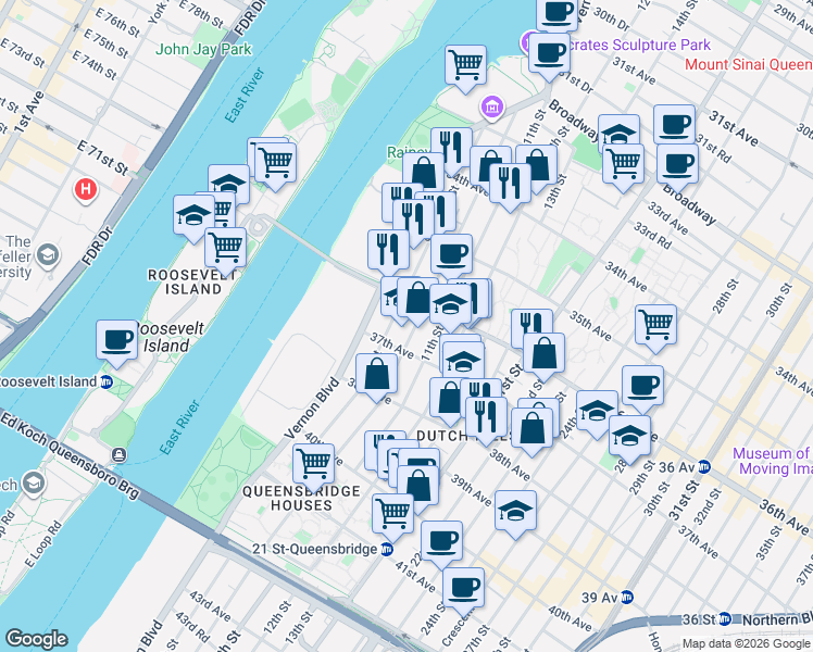 map of restaurants, bars, coffee shops, grocery stores, and more near 36-15 10th Street in Queens