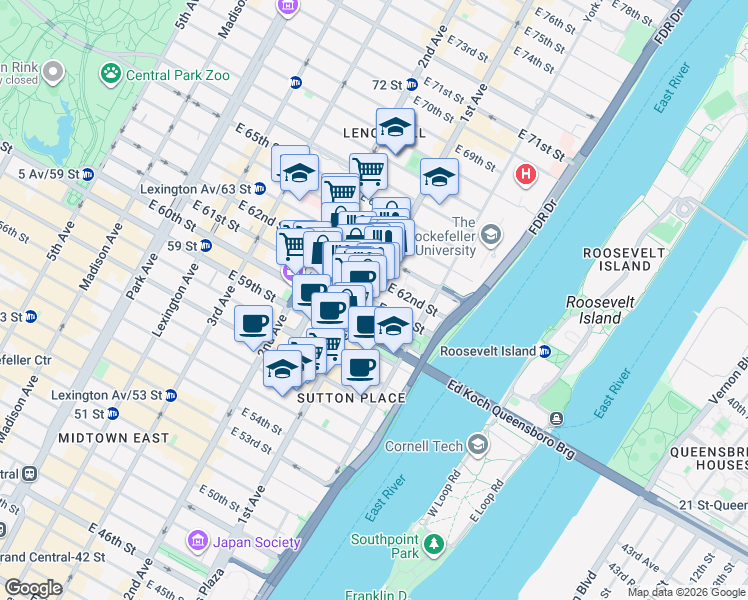 map of restaurants, bars, coffee shops, grocery stores, and more near 1118 1st Avenue in New York