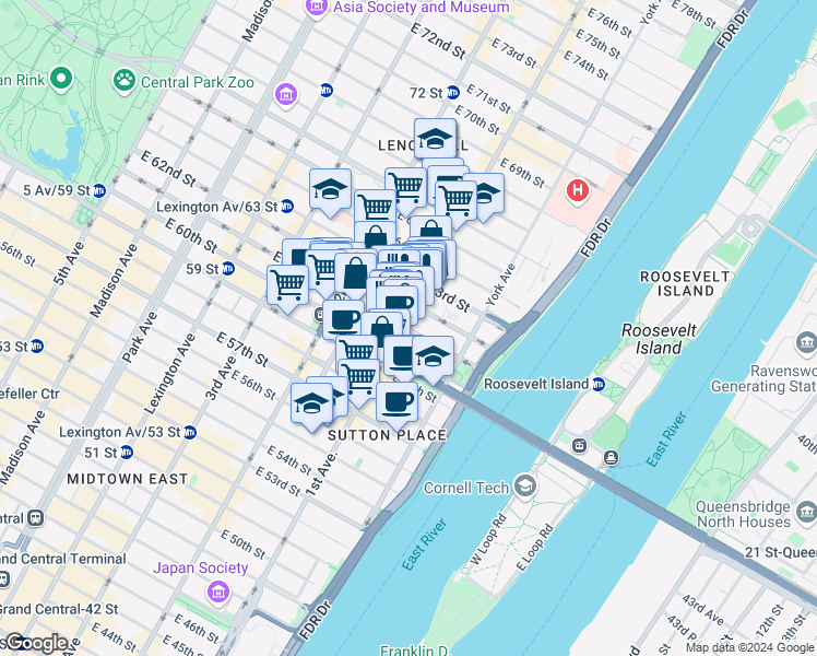 map of restaurants, bars, coffee shops, grocery stores, and more near in New York