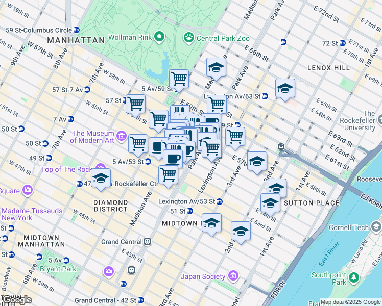 map of restaurants, bars, coffee shops, grocery stores, and more near 57 East 55th Street in New York