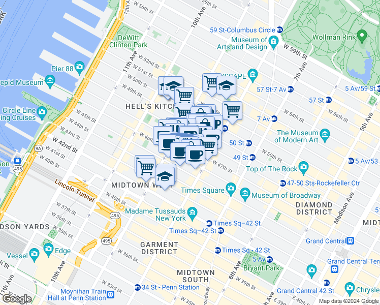 map of restaurants, bars, coffee shops, grocery stores, and more near 343 West 47th Street in New York