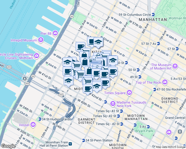 map of restaurants, bars, coffee shops, grocery stores, and more near 421 West 45th Street in New York