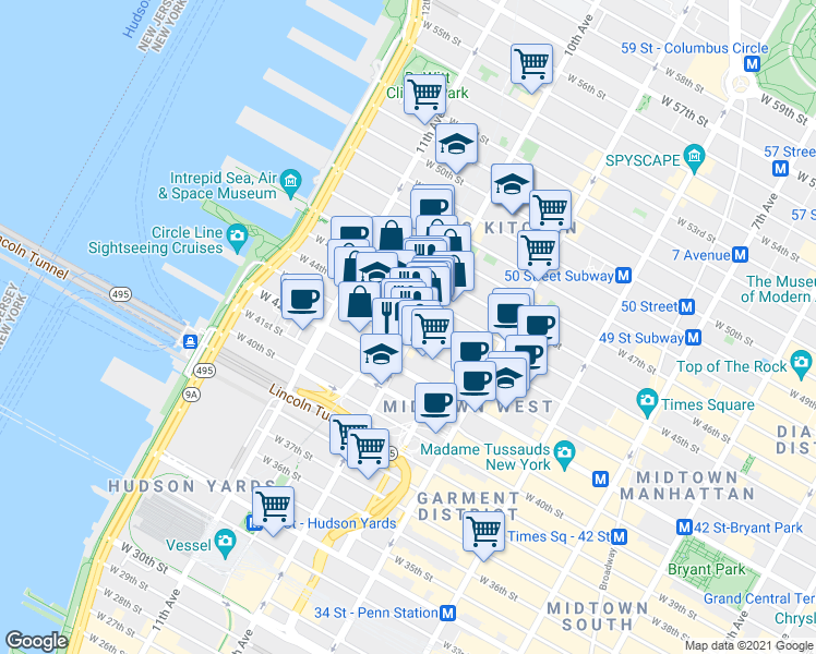 map of restaurants, bars, coffee shops, grocery stores, and more near 500 West 43rd Street in New York