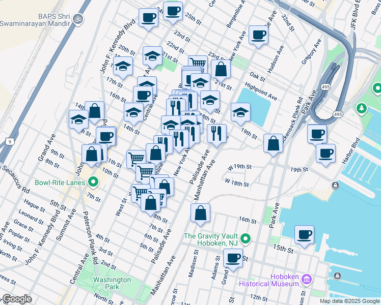 map of restaurants, bars, coffee shops, grocery stores, and more near 1415 New York Avenue in Union City