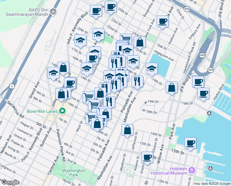 map of restaurants, bars, coffee shops, grocery stores, and more near 1415 New York Avenue in Union City