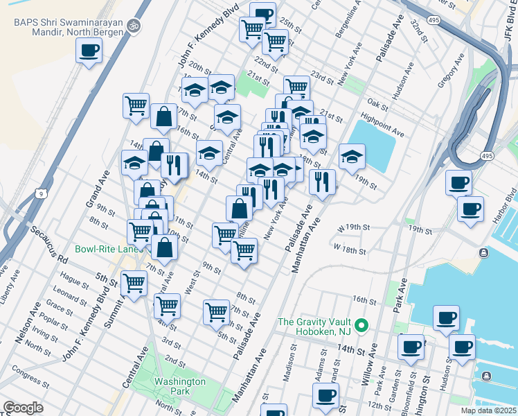 map of restaurants, bars, coffee shops, grocery stores, and more near 1317 Bergenline Avenue in Union City